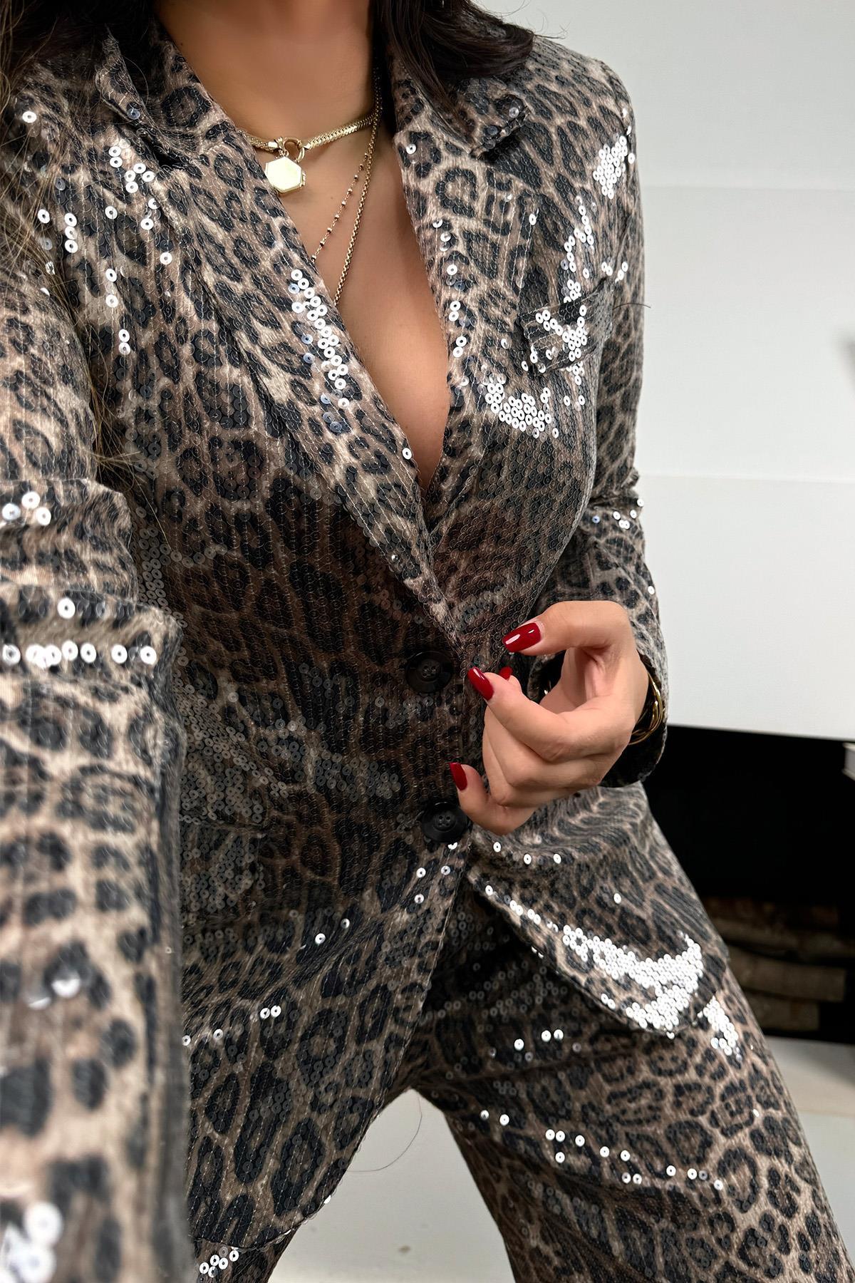 Leopar Payetli Blazer Ceket Siyah
