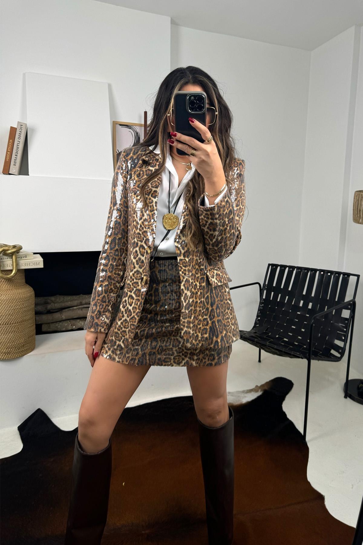 Leopar Payetli Blazer Ceket Taba