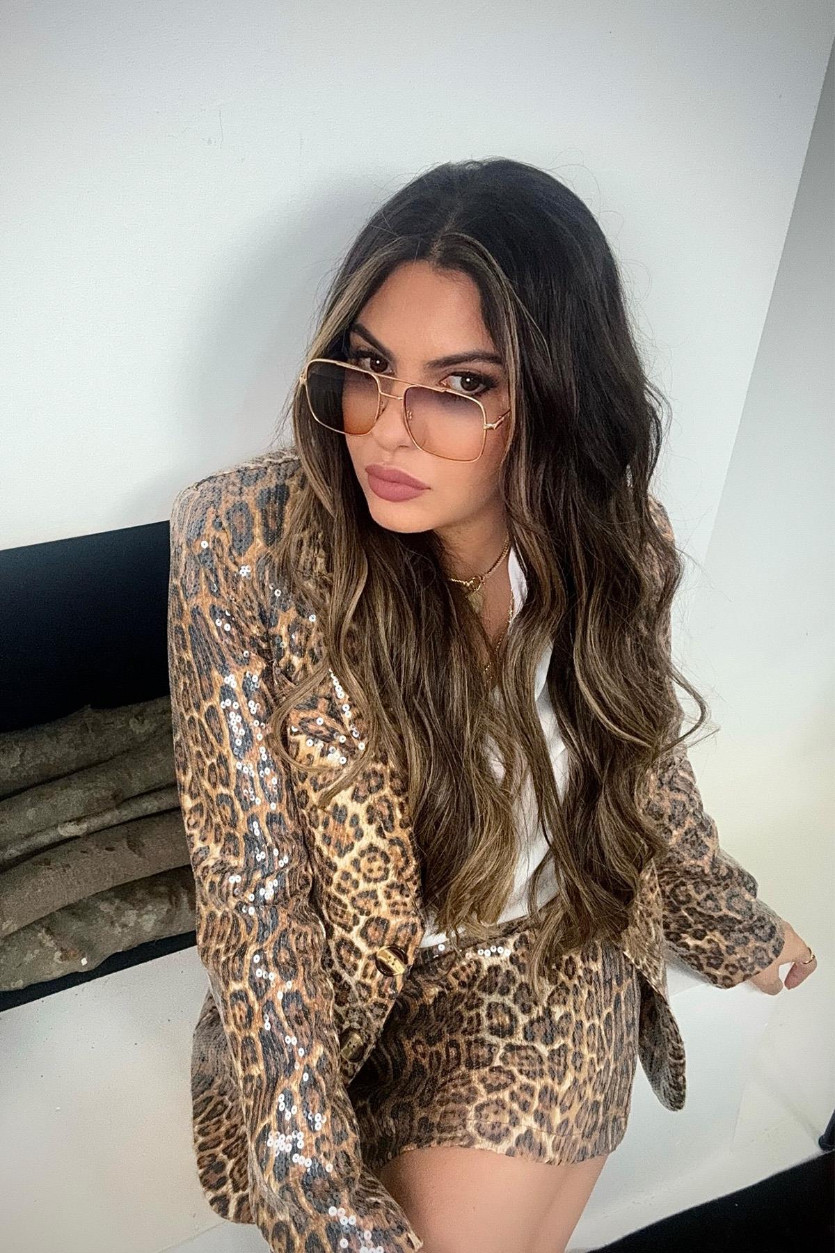 Leopar Payetli Blazer Ceket Taba