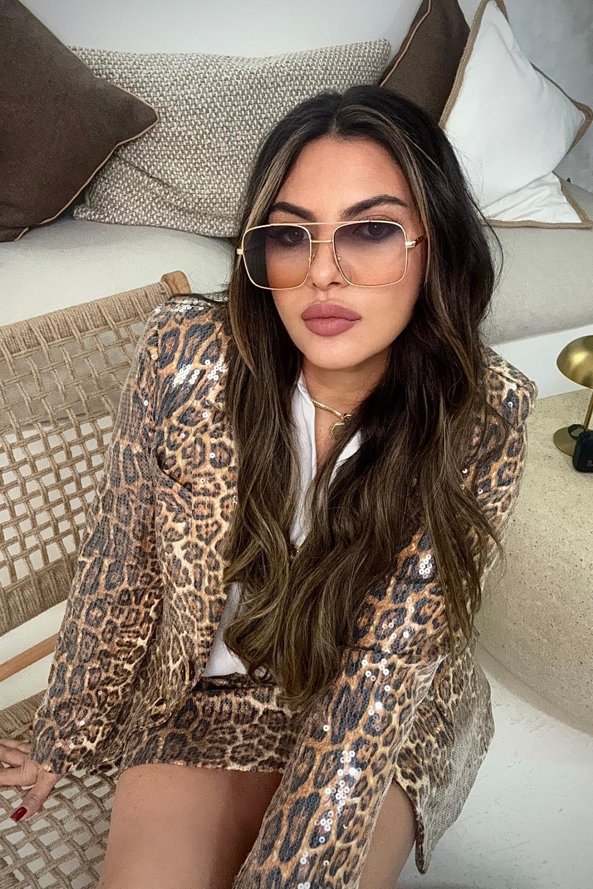 Leopar Payetli Blazer Ceket Taba