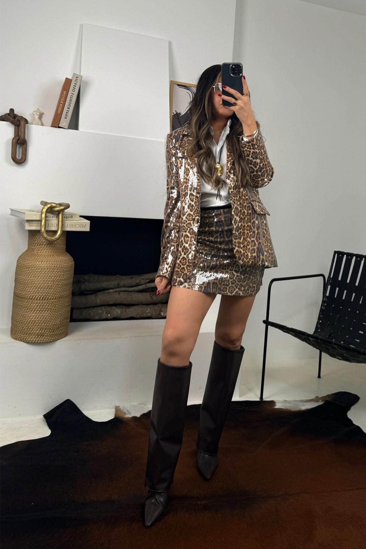 Leopar Payetli Blazer Ceket Taba