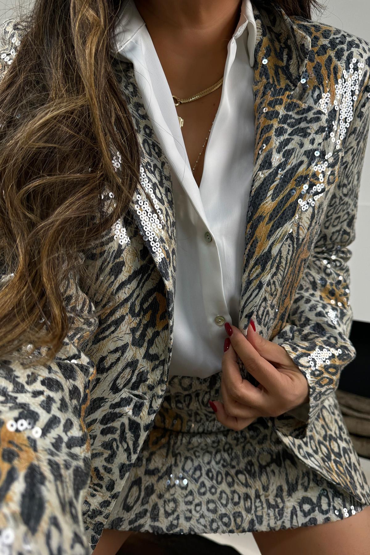 Leopar Payetli Blazer Ceket Taş
