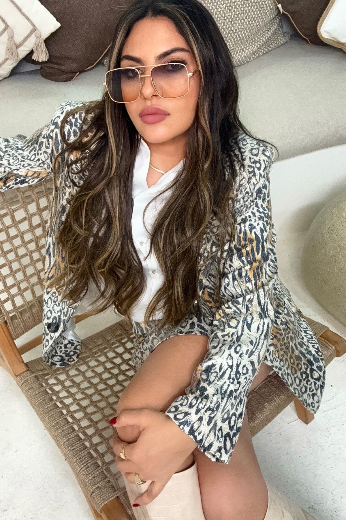 Leopar Payetli Blazer Ceket Taş