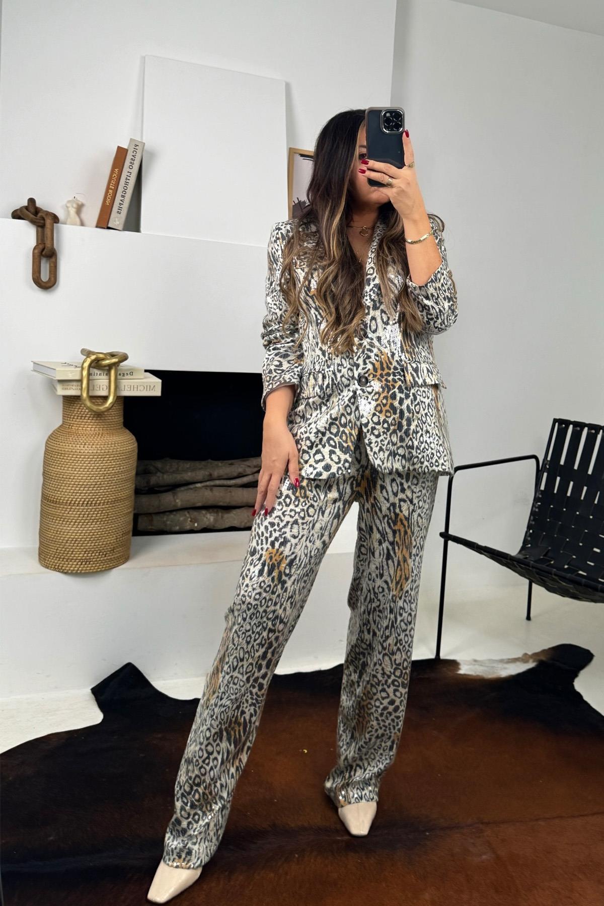 Leopar Payetli Blazer Ceket Taş