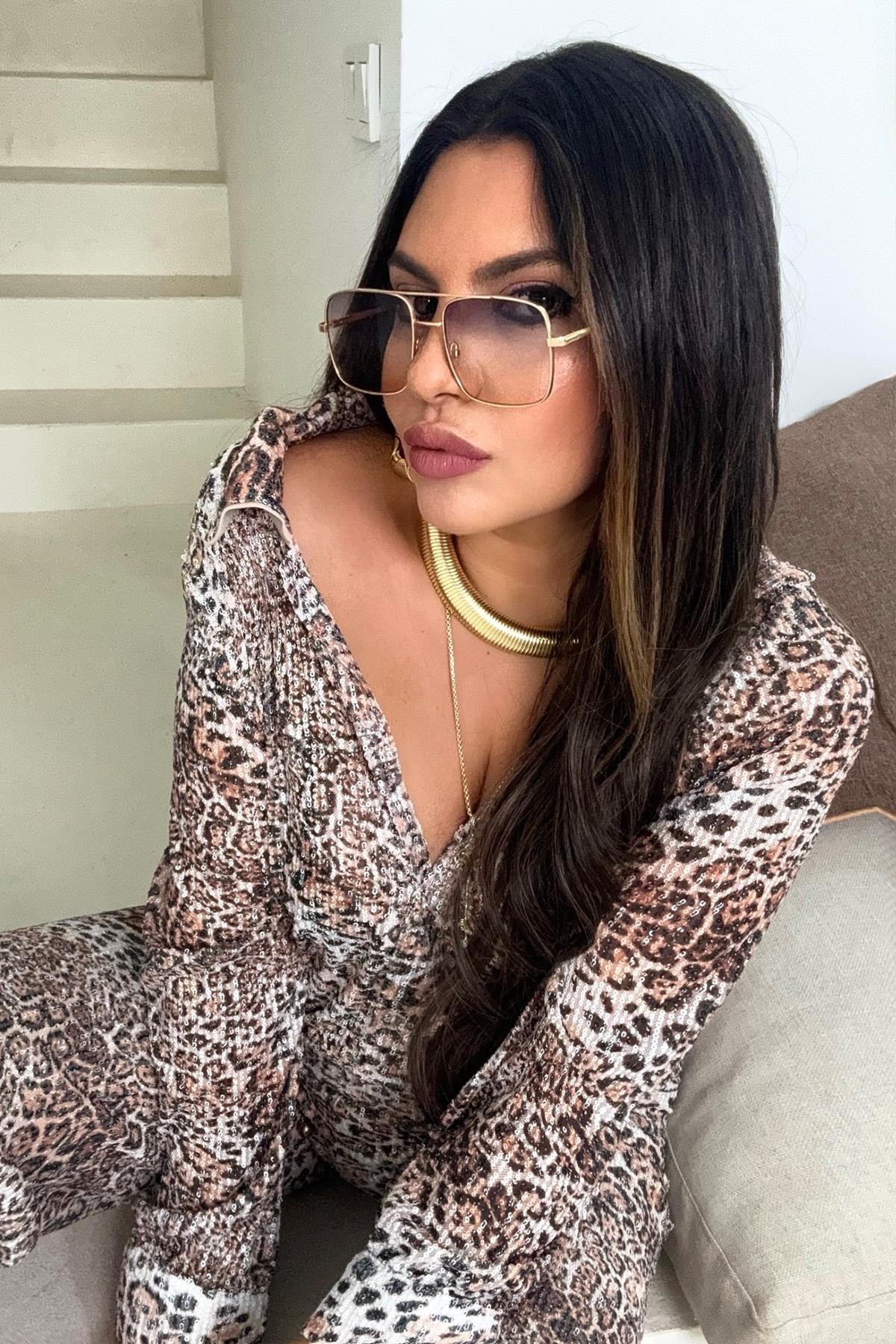 Leopar Payetli Gömlek Ekru