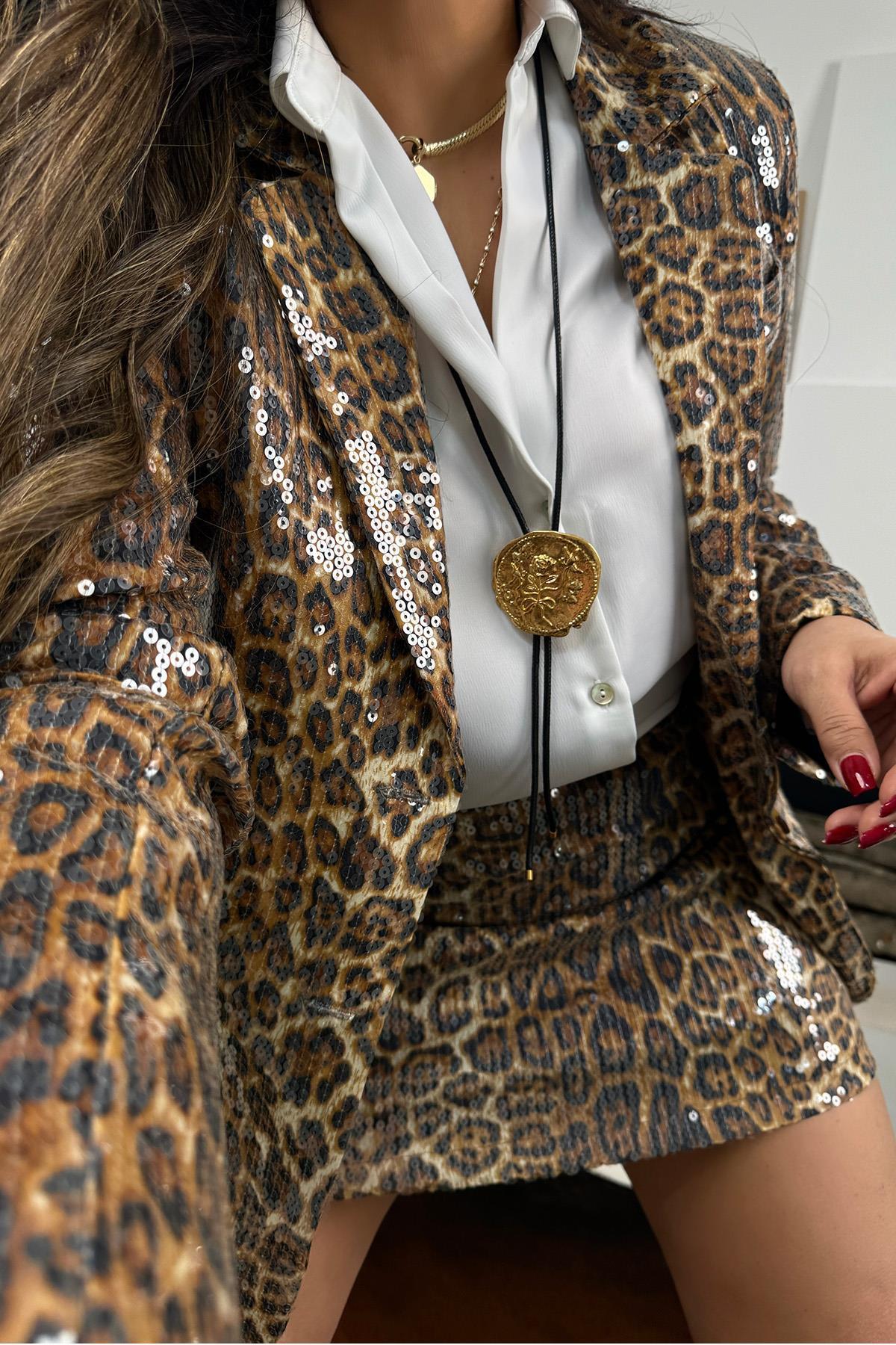 Leopar Payetli Mini Etek Taba