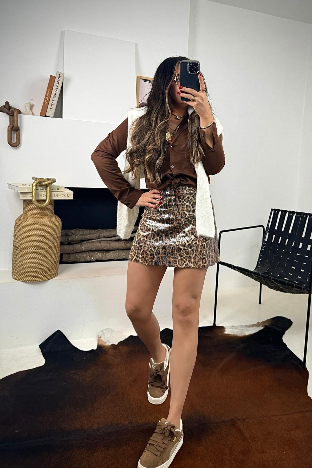 Leopar Payetli Mini Etek Taba