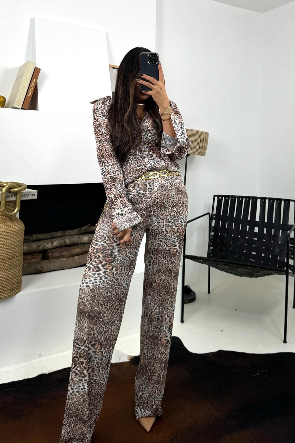 Leopar Payetli Pantolon Ekru