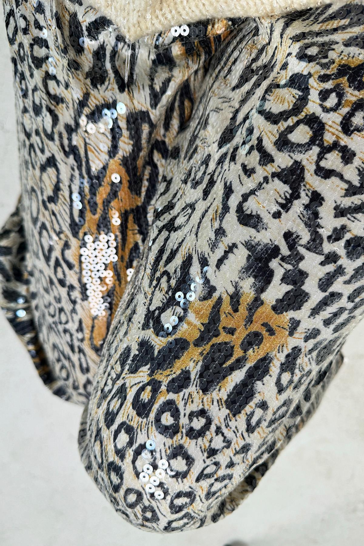 Leopar Payetli Pantolon Taş