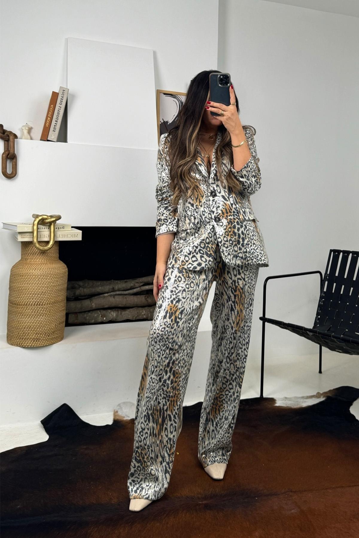 Leopar Payetli Pantolon Taş