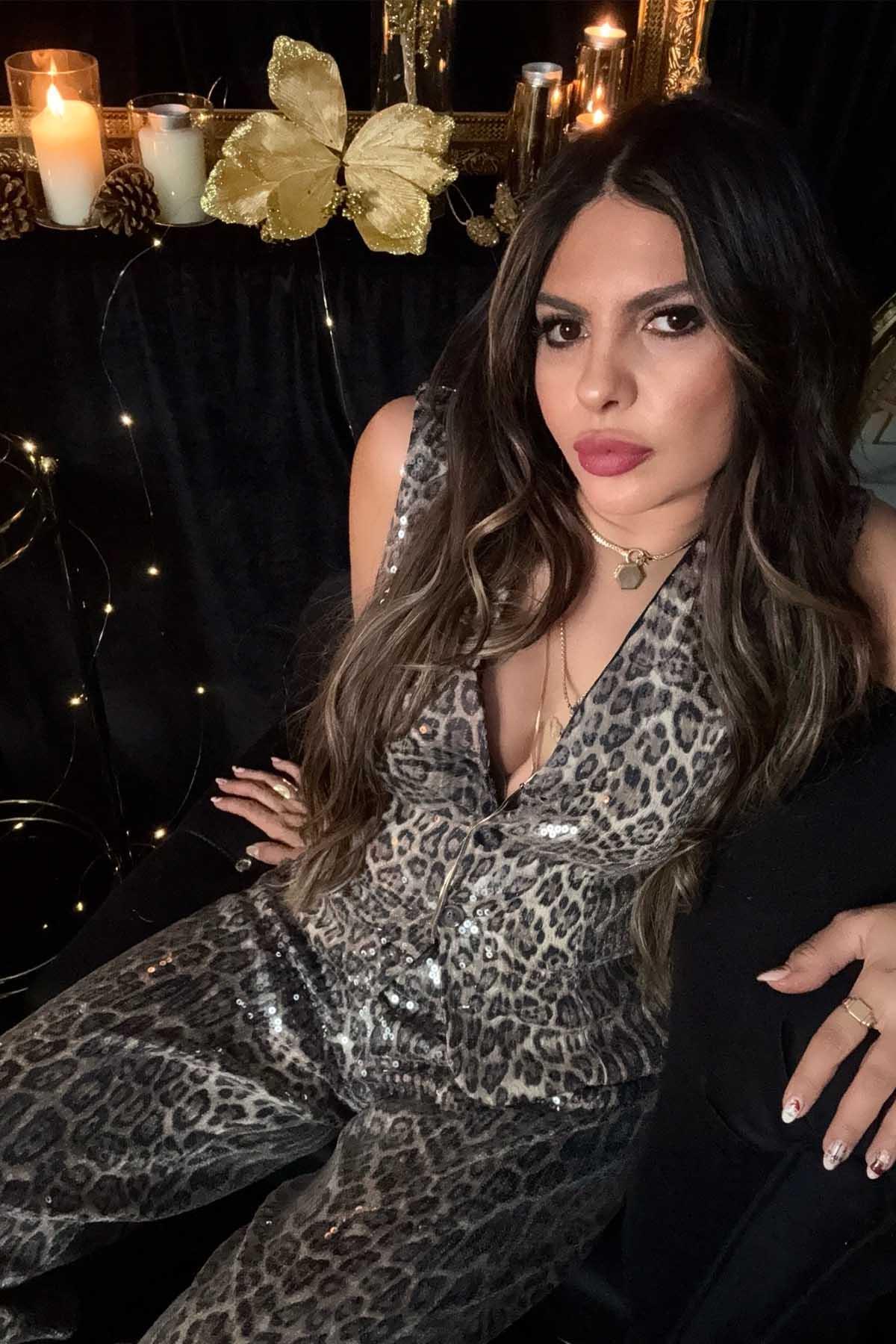 Leopar Payetli Yelek Siyah