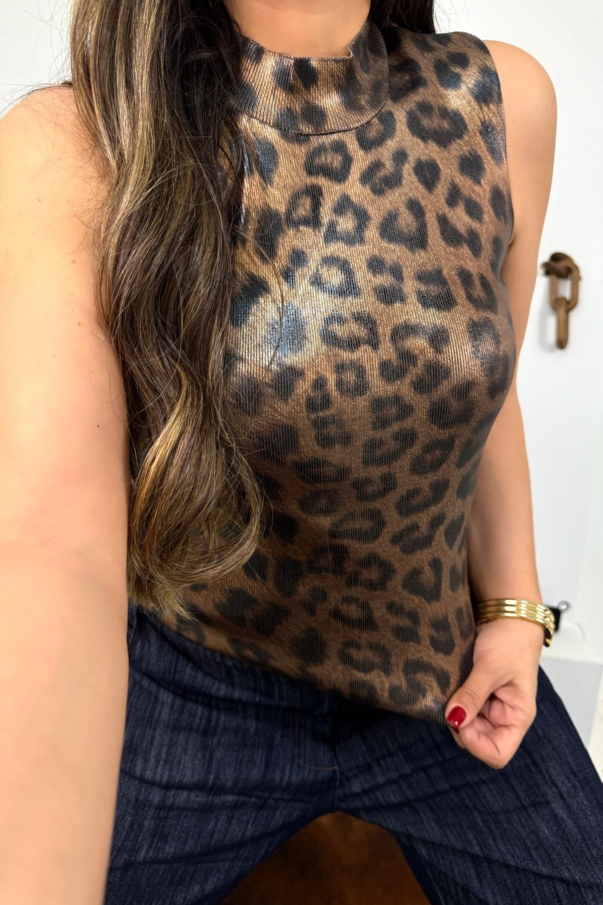 Leopar Varaklı Kolsuz Triko Bluz Taba