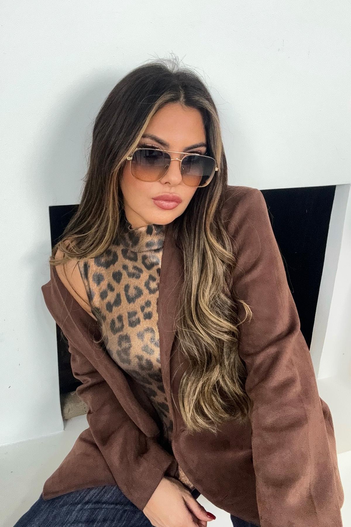 Leopar Varaklı Kolsuz Triko Bluz Taba
