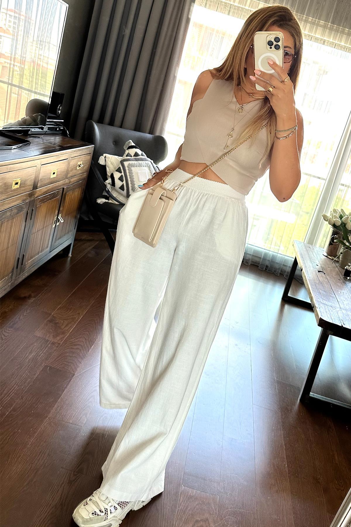 Likralı Çapraz Dikim Crop Bej