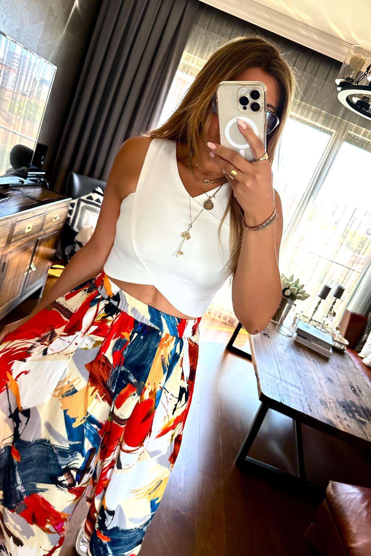 Likralı Çapraz Dikim Crop Ekru