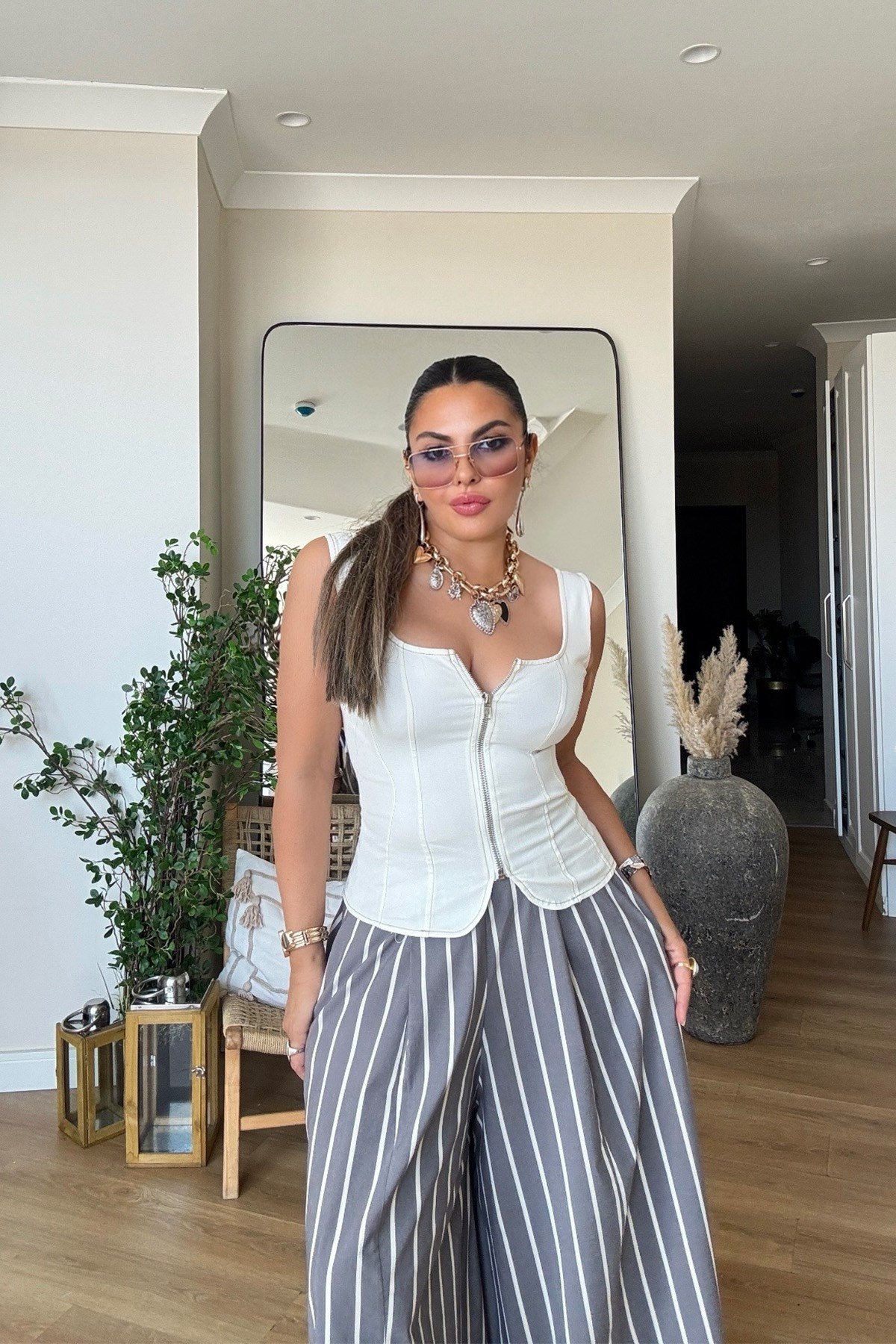 Likralı Fermuarlı Jean Bustiyer Ekru
