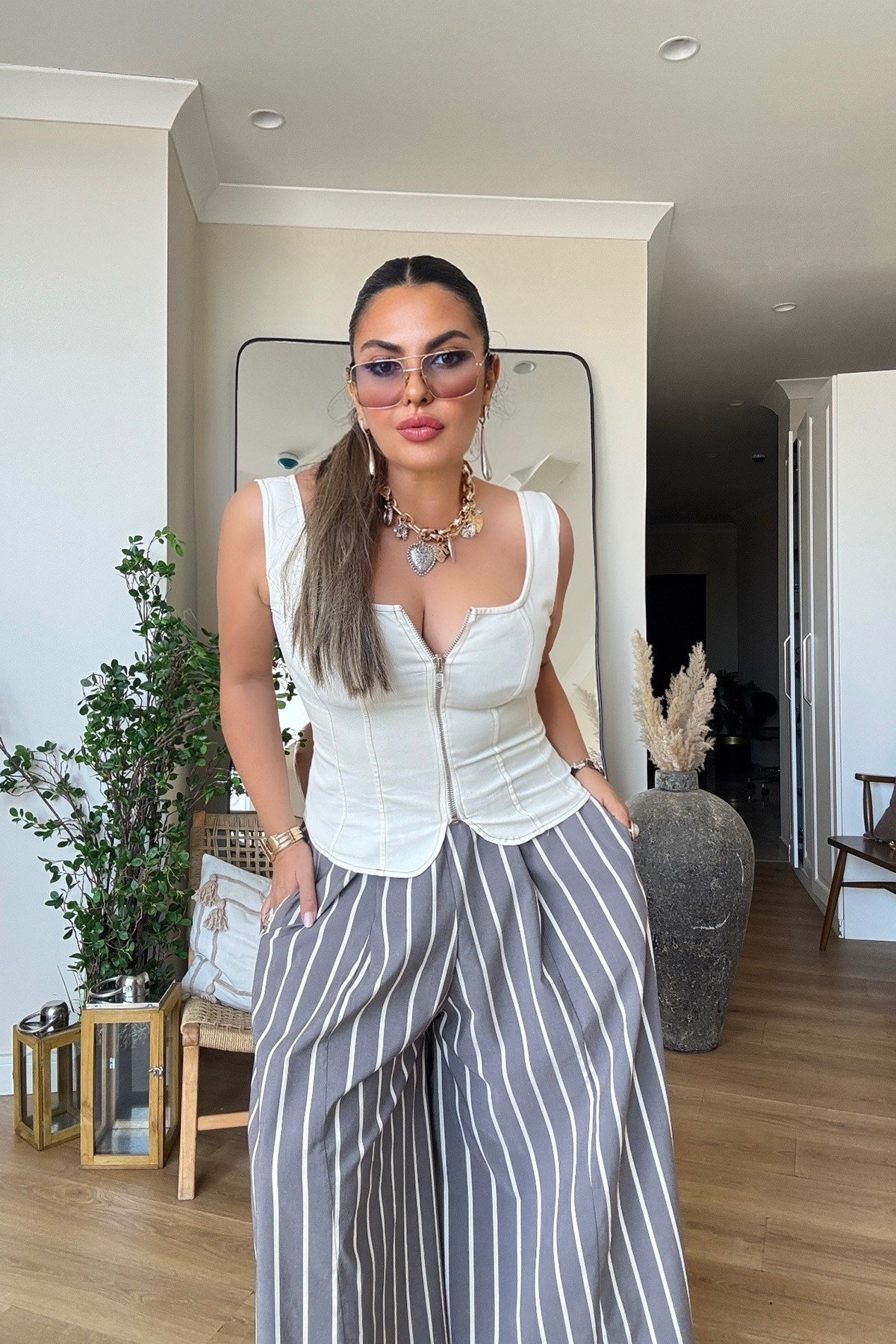 Likralı Fermuarlı Jean Bustiyer Ekru