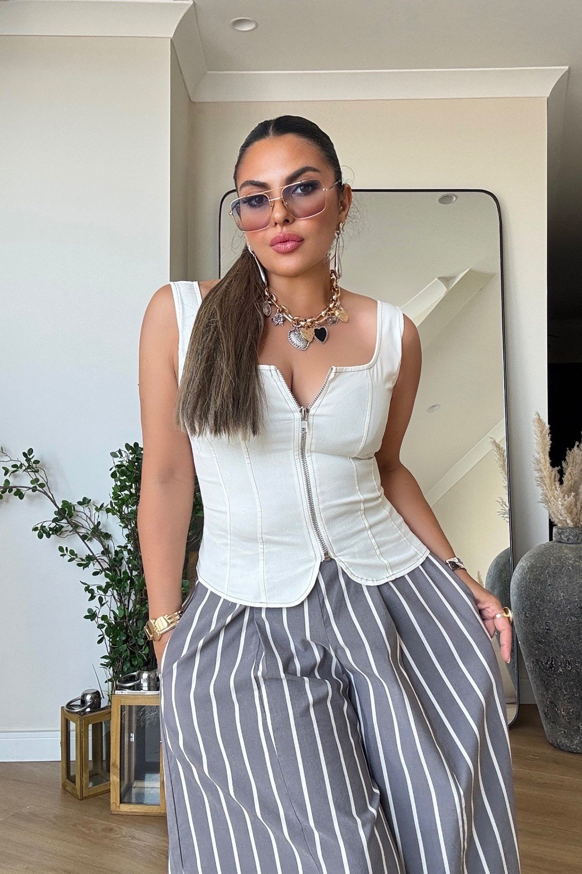 Likralı Fermuarlı Jean Bustiyer Ekru
