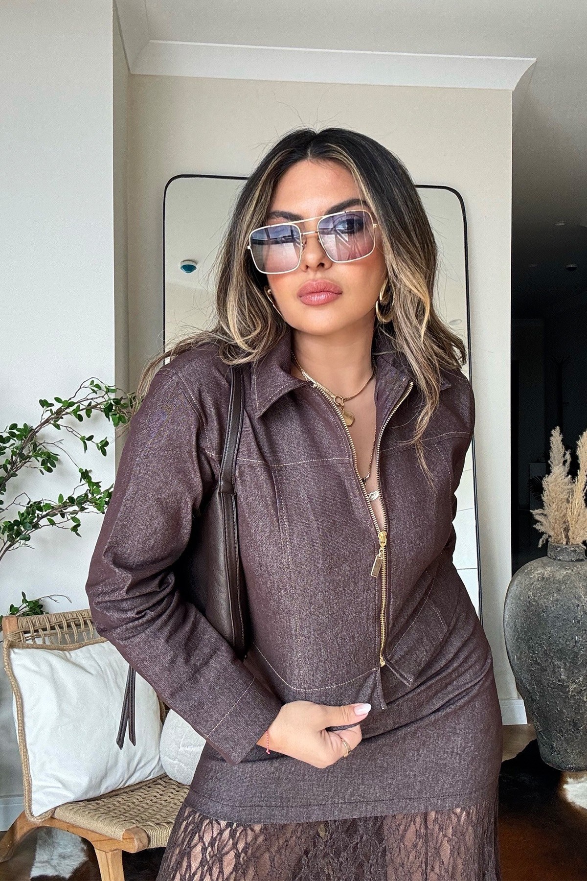 Likralı Fermuarlı Jean Gömlek Kahve