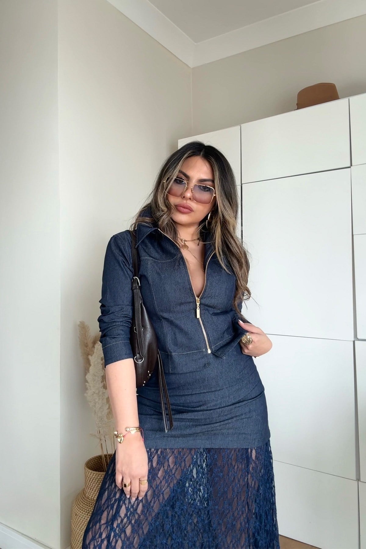Likralı Fermuarlı Jean Gömlek Lacivert