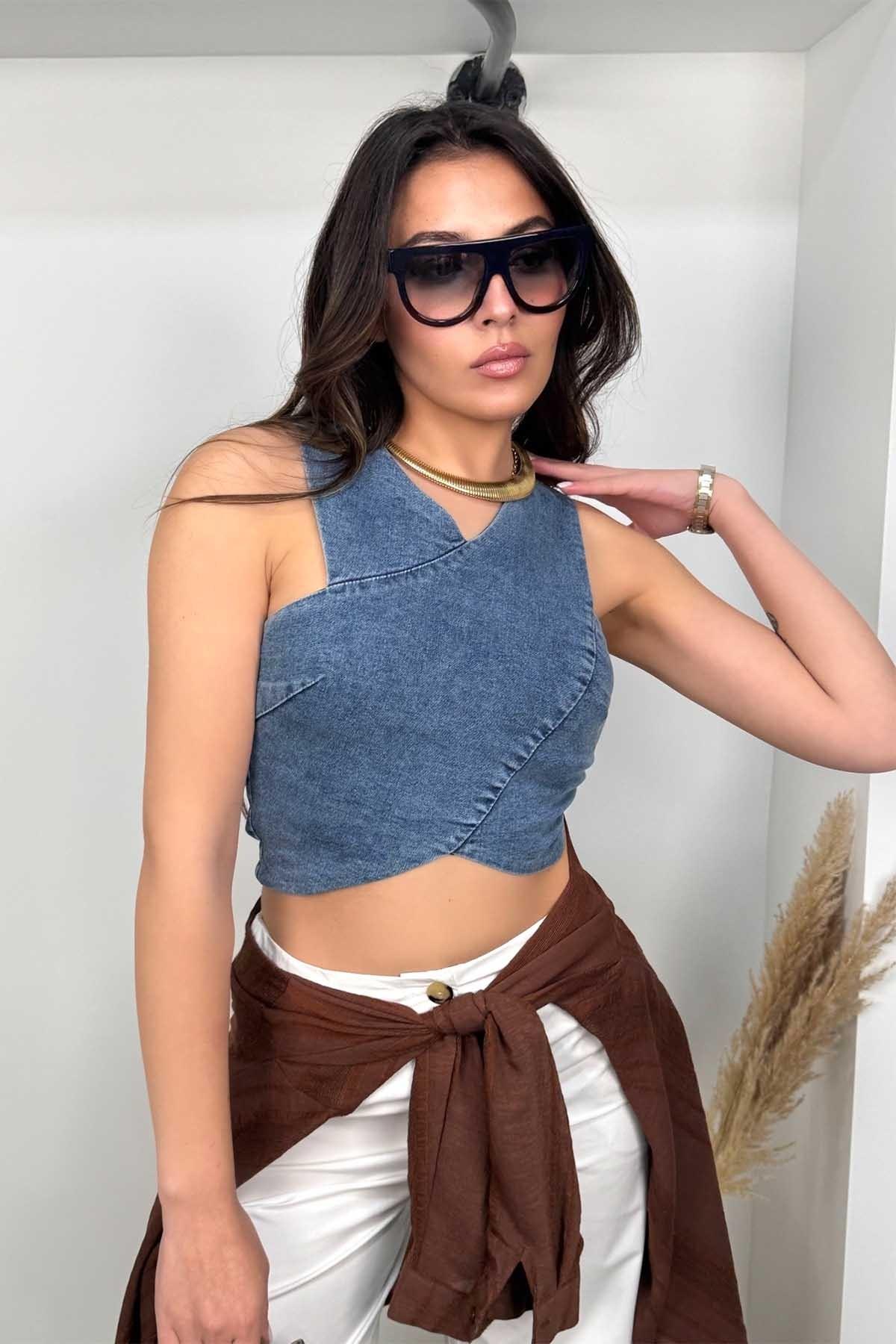 Likralı Jean Çapraz Kesim Crop Mavi