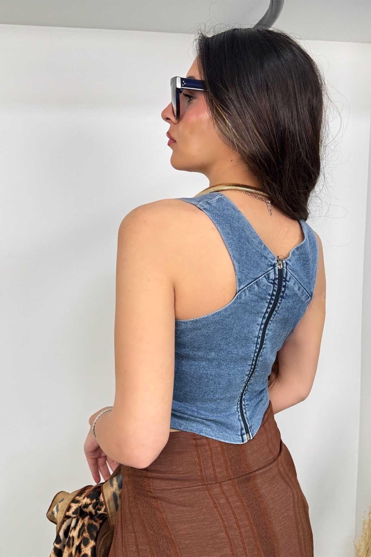 Likralı Jean Çapraz Kesim Crop Mavi