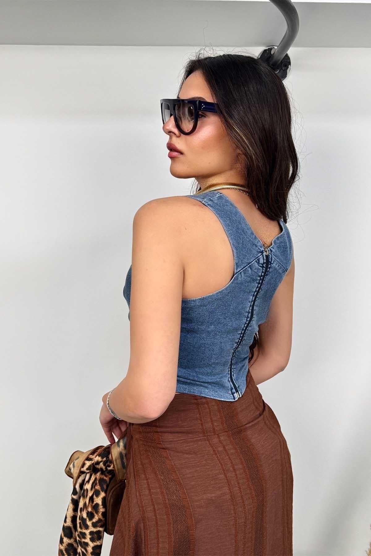 Likralı Jean Çapraz Kesim Crop Mavi