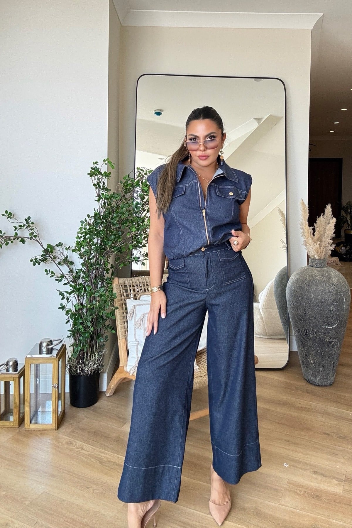 Likralı Jean Yelek Cepli Pantolon Takıım Lacivert