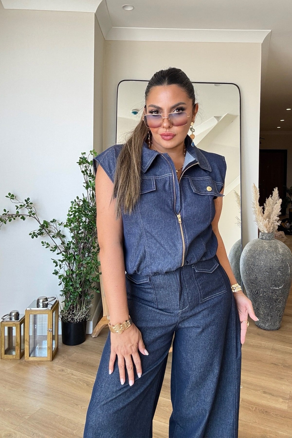 Likralı Jean Yelek Cepli Pantolon Takıım Lacivert