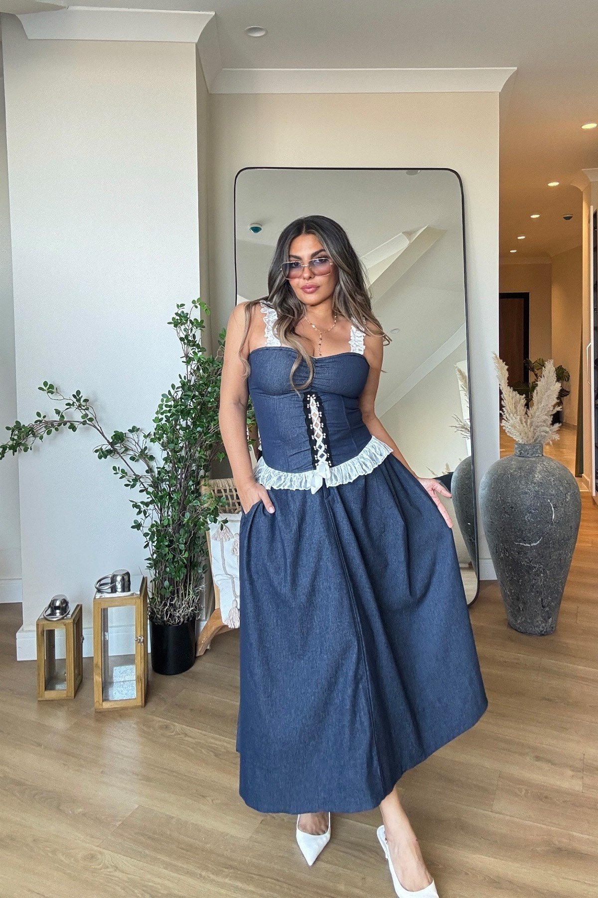 Likralı Midi Jean Etek Lacivert
