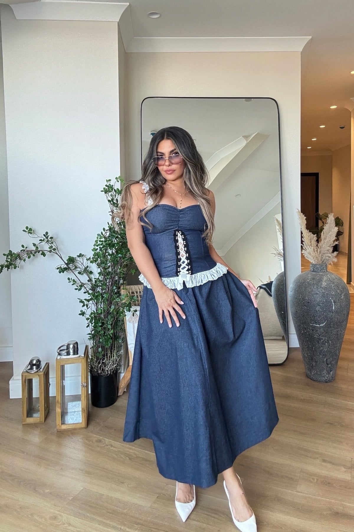 Likralı Midi Jean Etek Lacivert