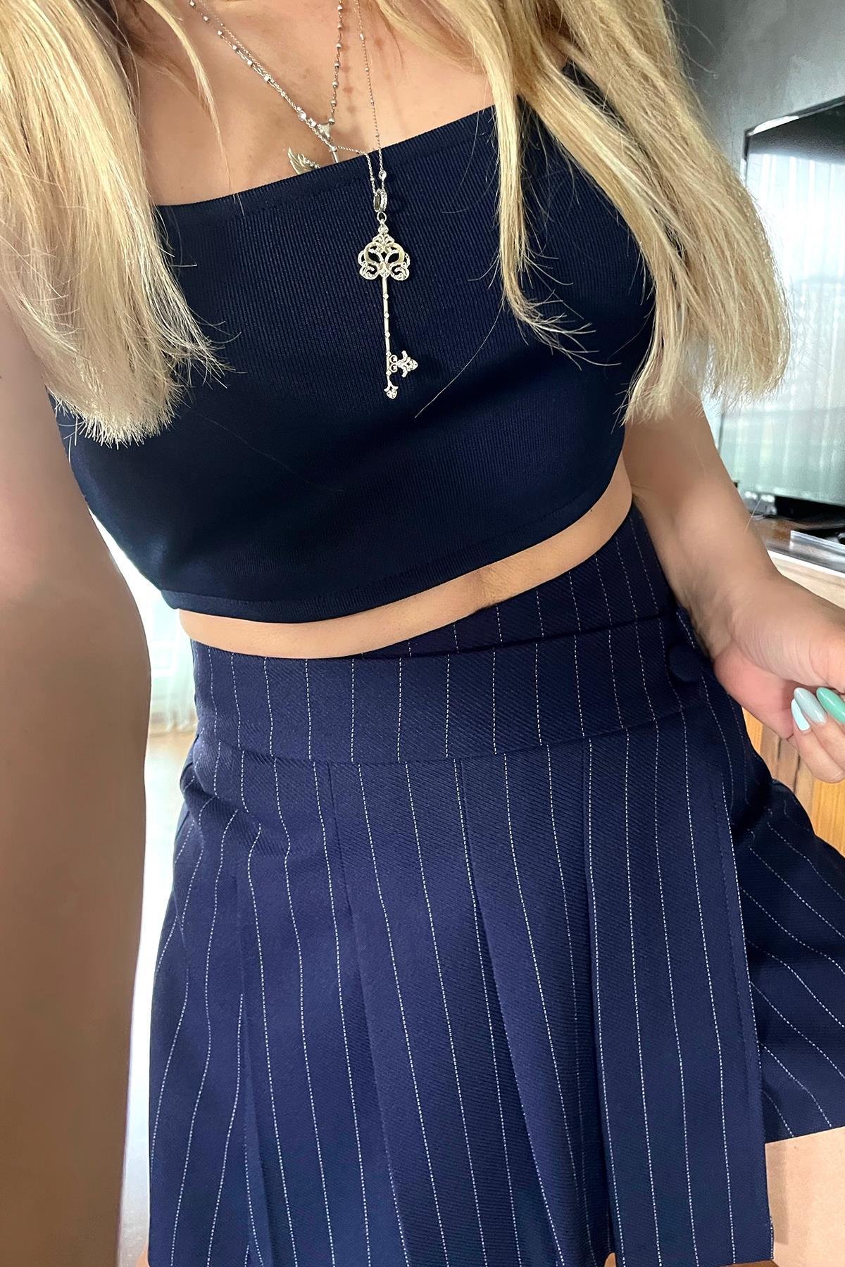 Likralı Örme Kalın Askı Crop Lacivert