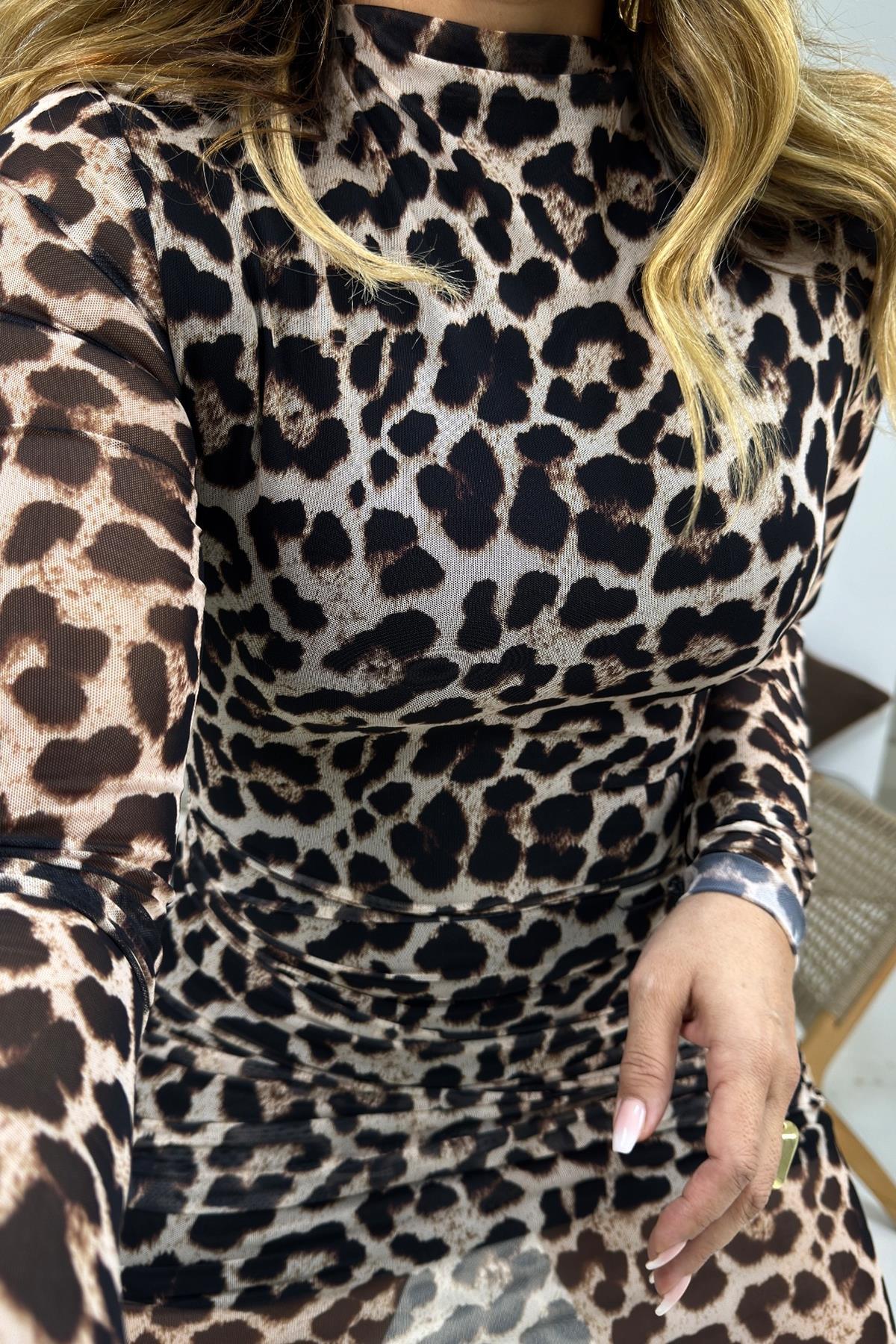 Likralı Yarım Balıkçı Yaka Elbise Leopar