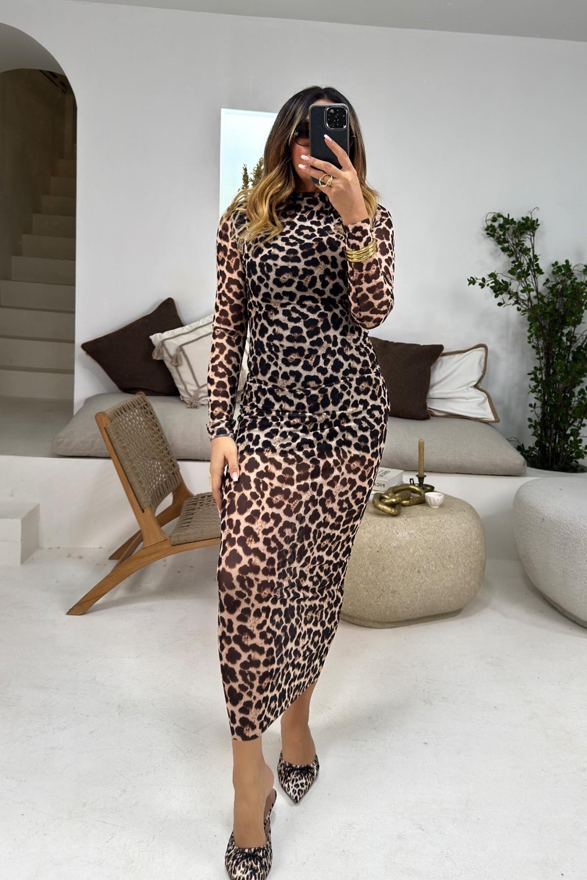 Likralı Yarım Balıkçı Yaka Elbise Leopar