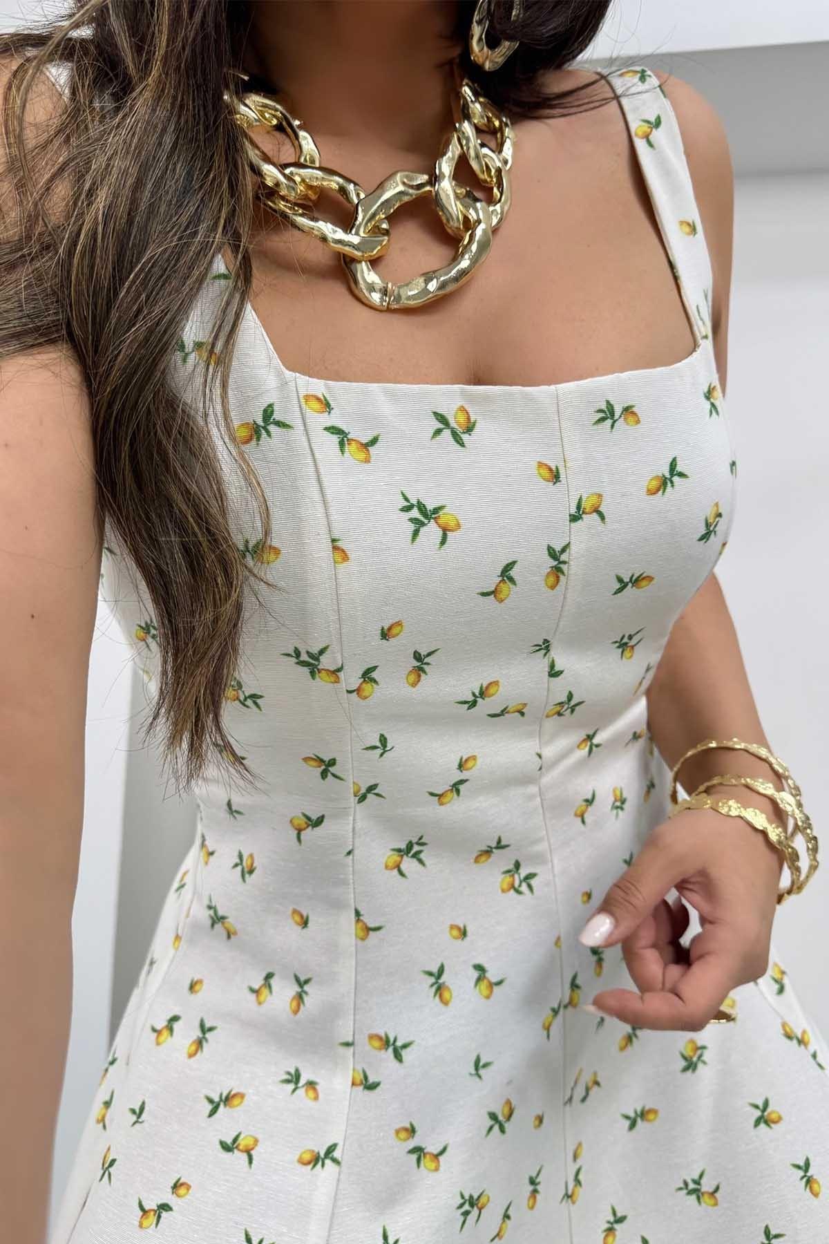 Limon Desen Kare Yaka Askılı Elbise Ekru-Sarı