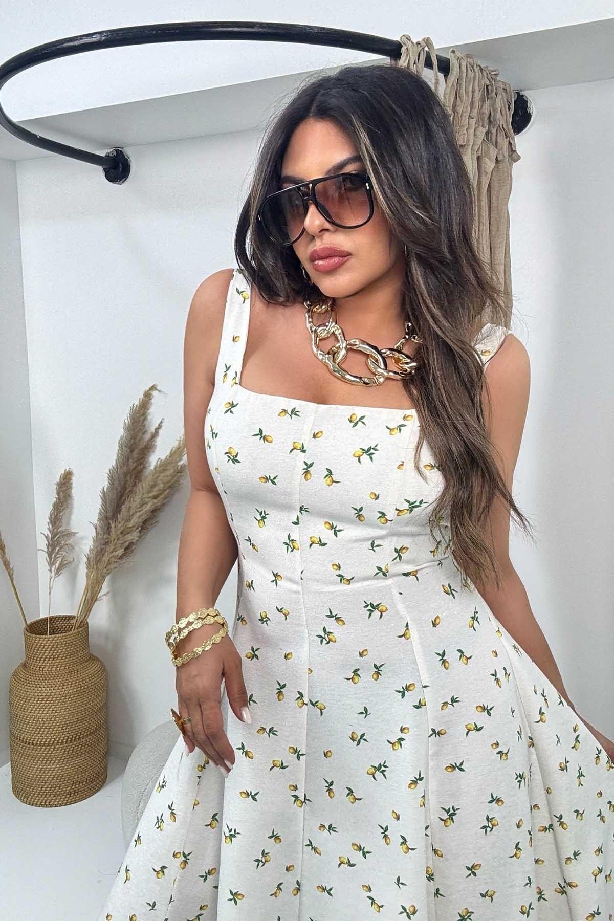 Limon Desen Kare Yaka Askılı Elbise Ekru-Sarı