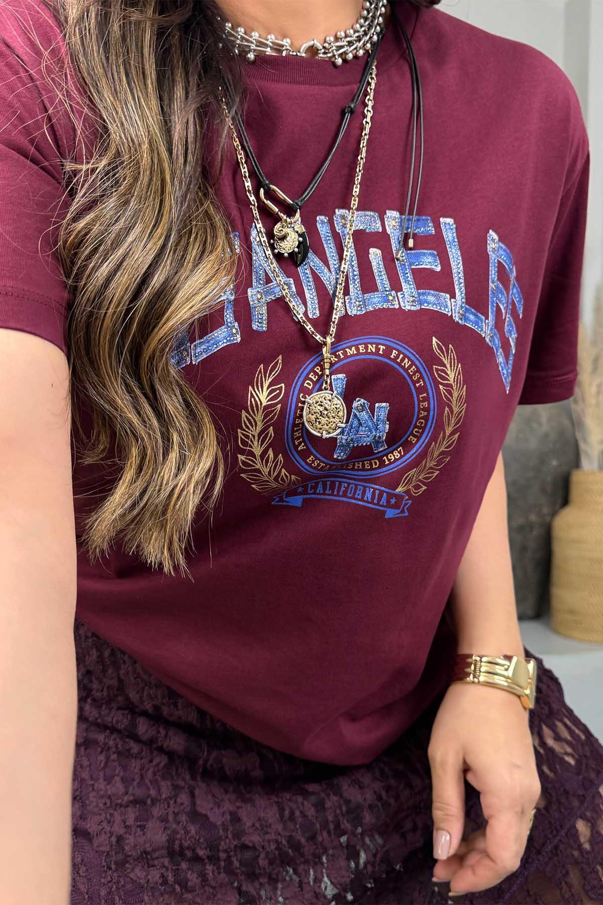 Los Angeles Taşlı Yazı Detay Tshirt Bordo