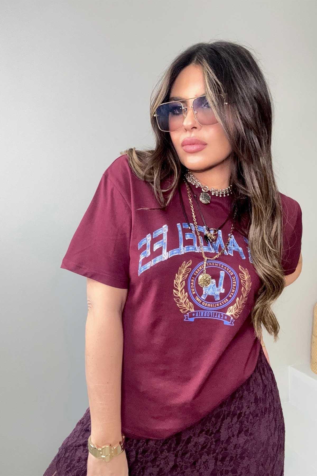 Los Angeles Taşlı Yazı Detay Tshirt Bordo