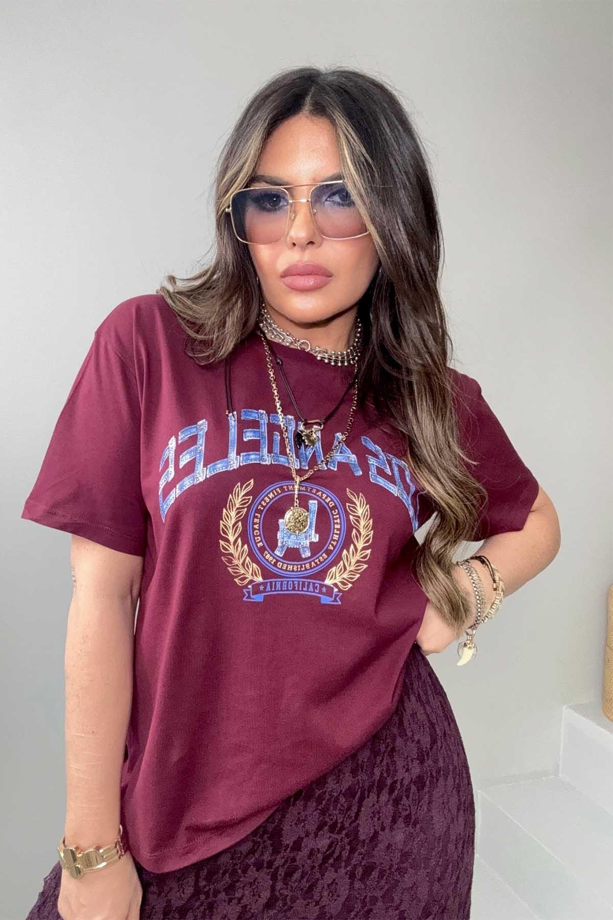 Los Angeles Taşlı Yazı Detay Tshirt Bordo
