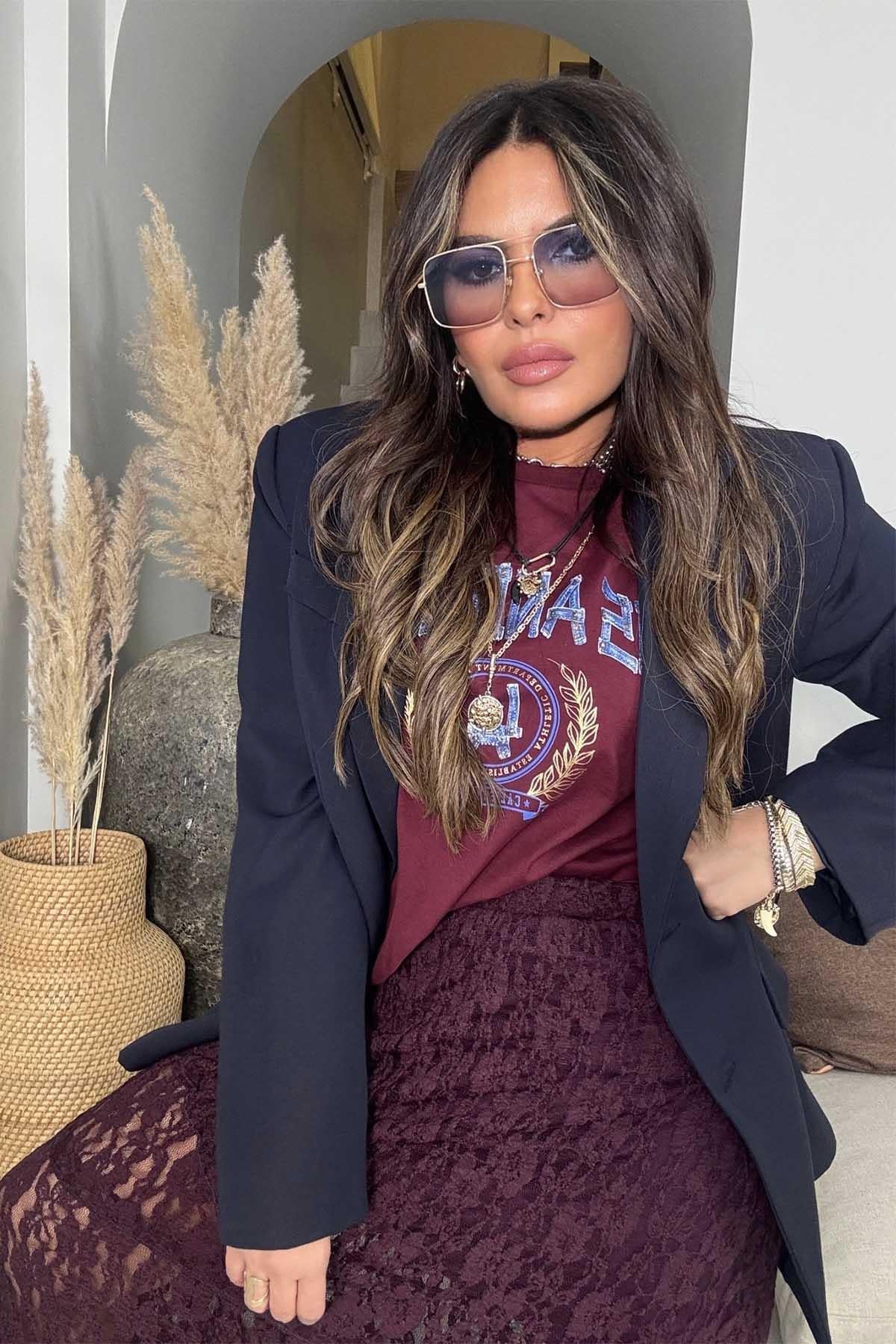 Los Angeles Taşlı Yazı Detay Tshirt Bordo