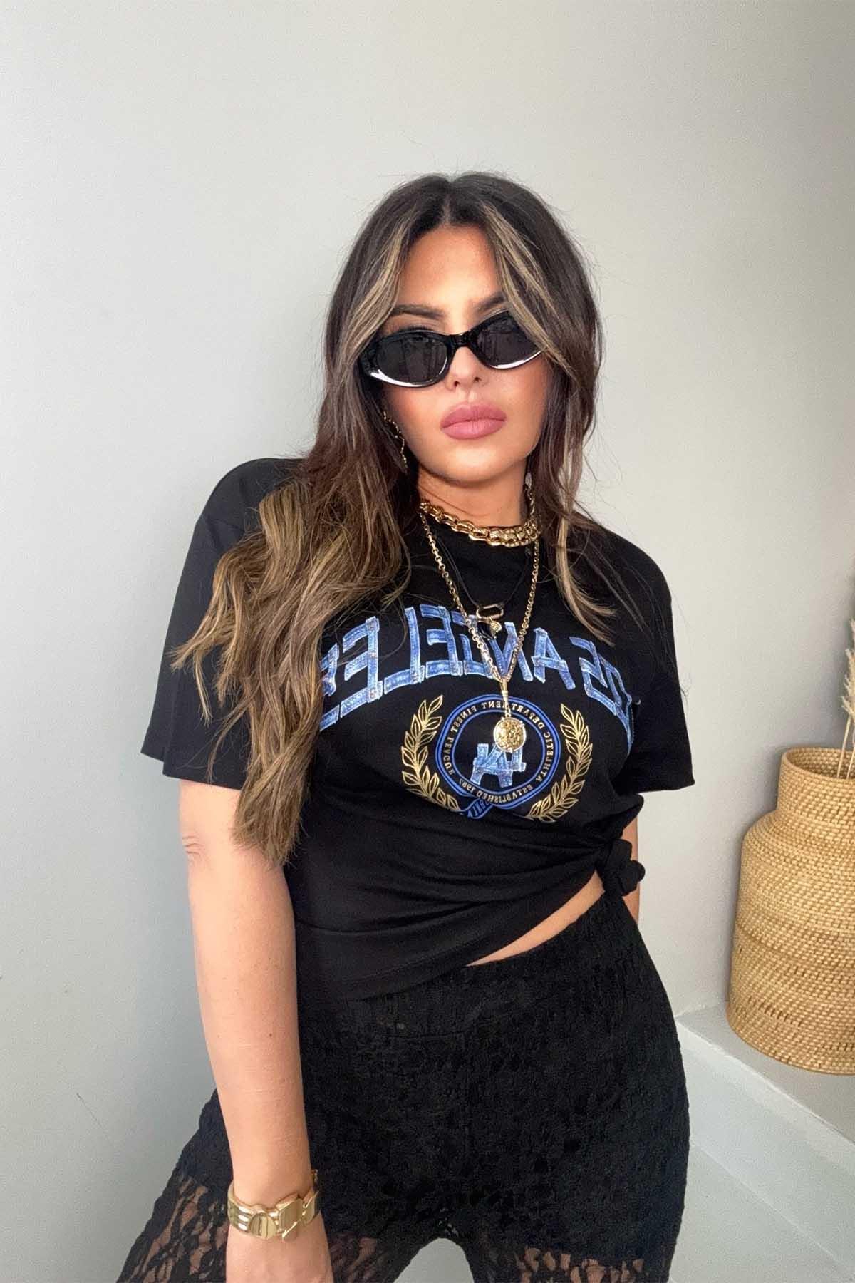 Los Angeles Taşlı Yazı Detay Tshirt Siyah