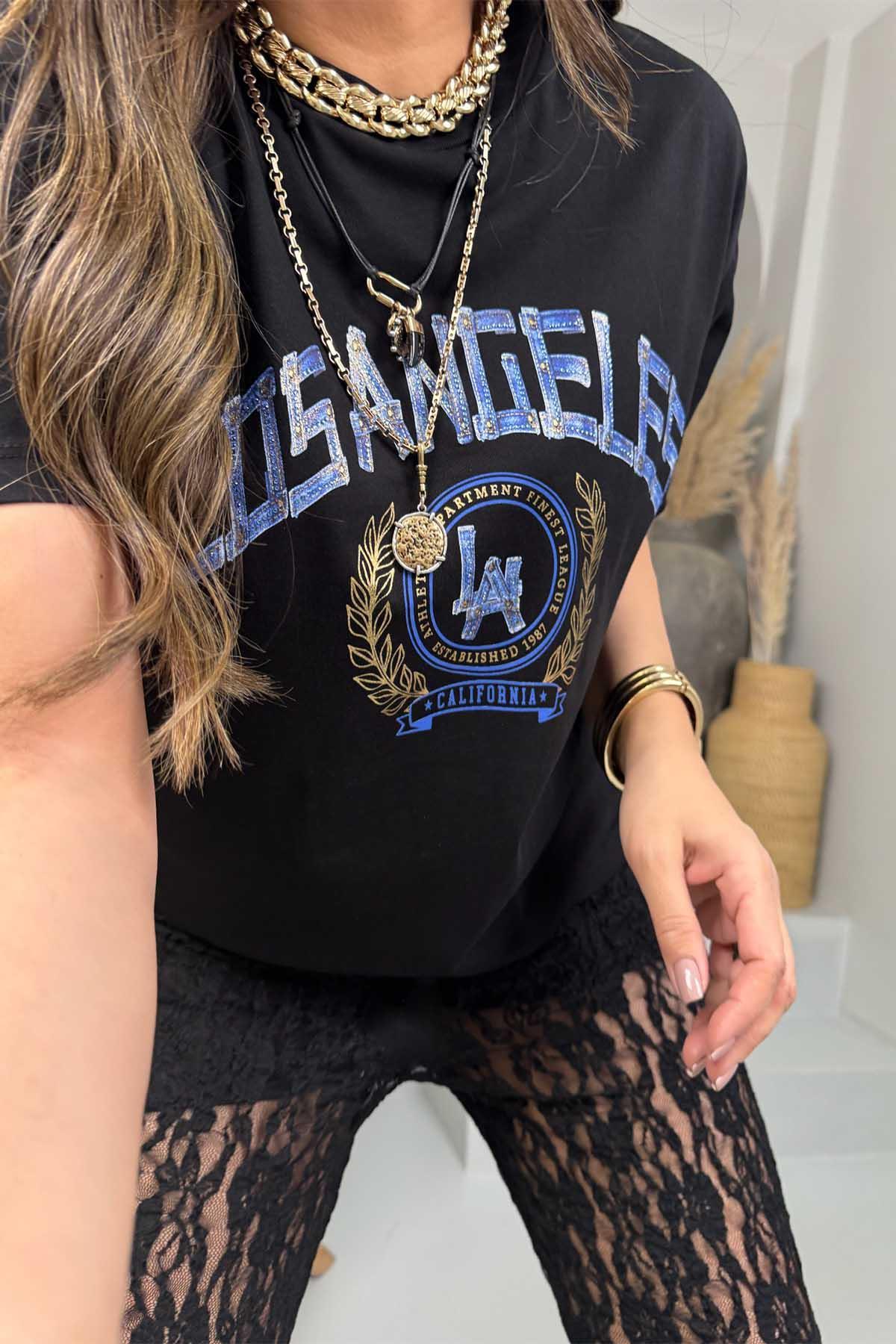 Los Angeles Taşlı Yazı Detay Tshirt Siyah