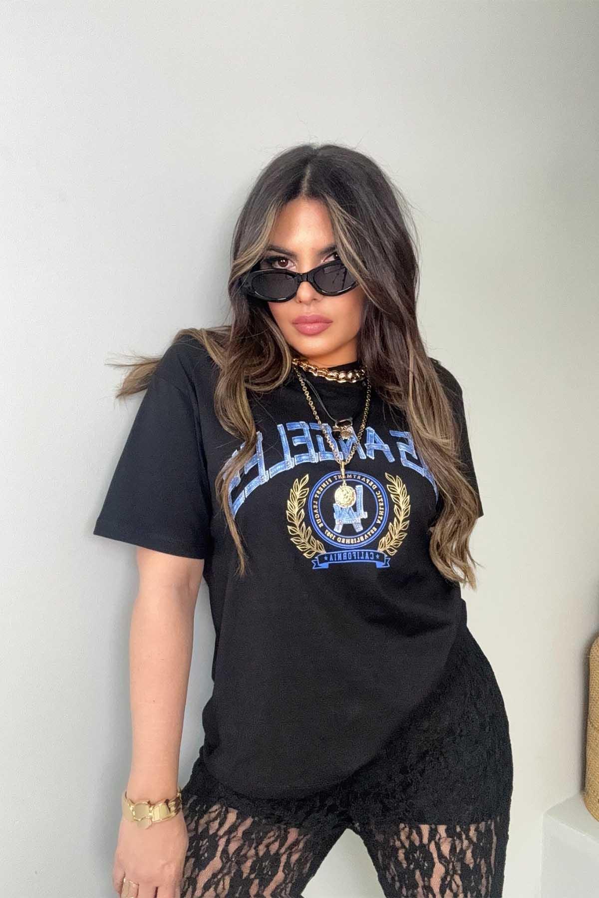 Los Angeles Taşlı Yazı Detay Tshirt Siyah