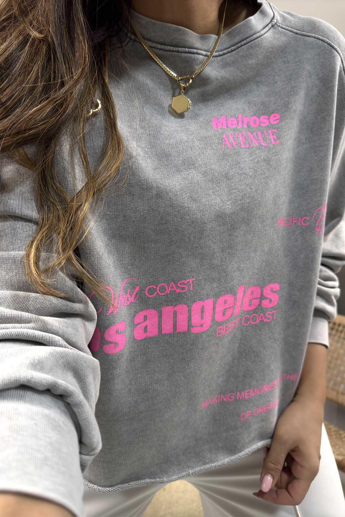 Los Angeles Yıkamalı Kısa Sweatshirt Açık Gri