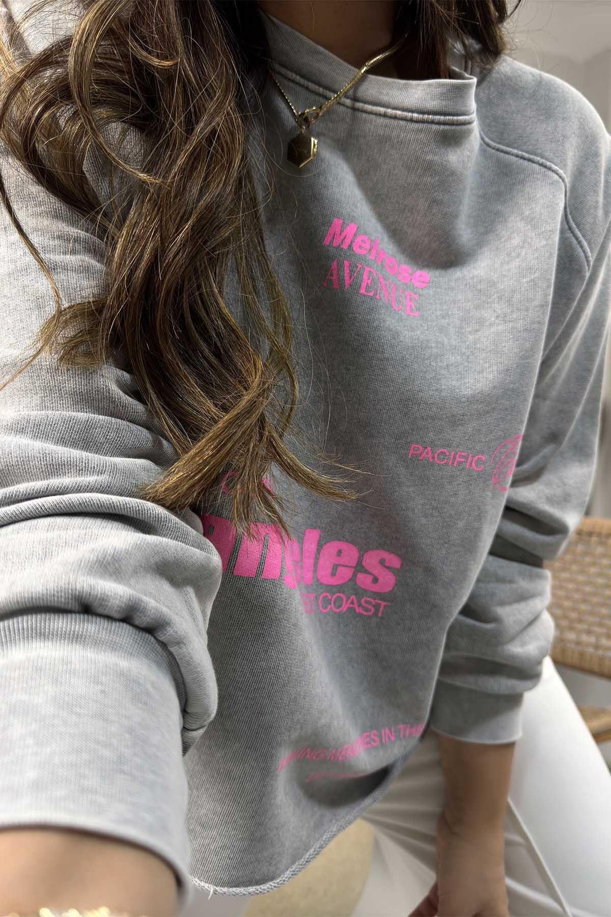Los Angeles Yıkamalı Kısa Sweatshirt Açık Gri