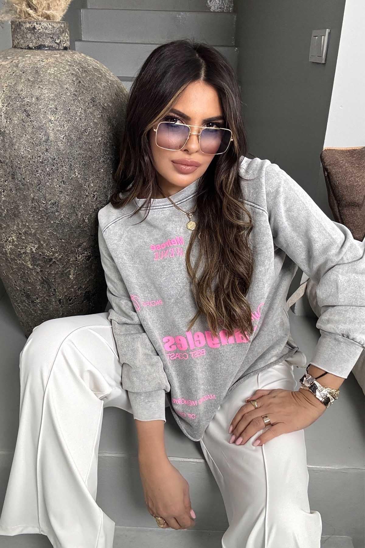 Los Angeles Yıkamalı Kısa Sweatshirt Açık Gri