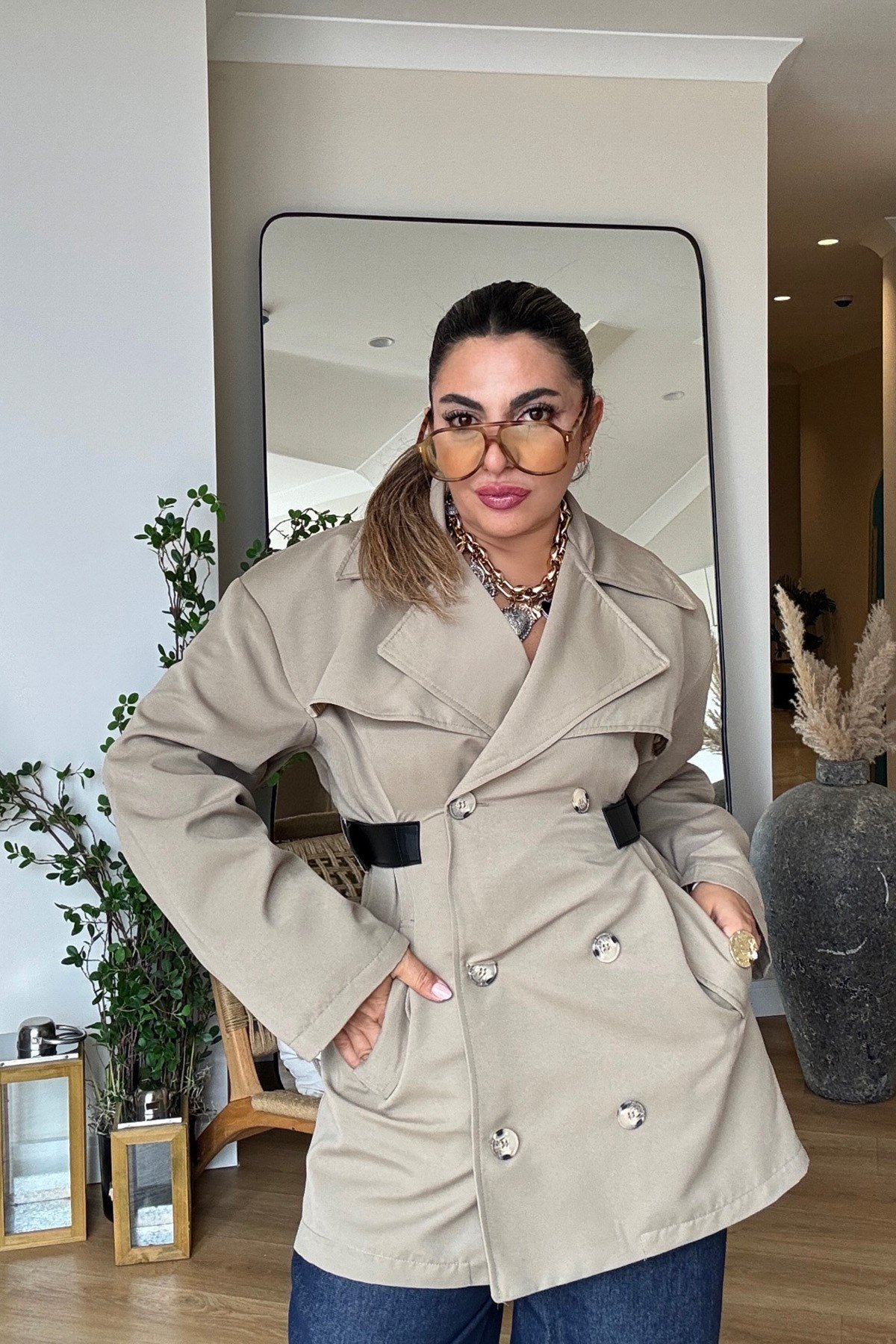 Marka Model Deri Kemer Detaylı Trenchcoat Haki