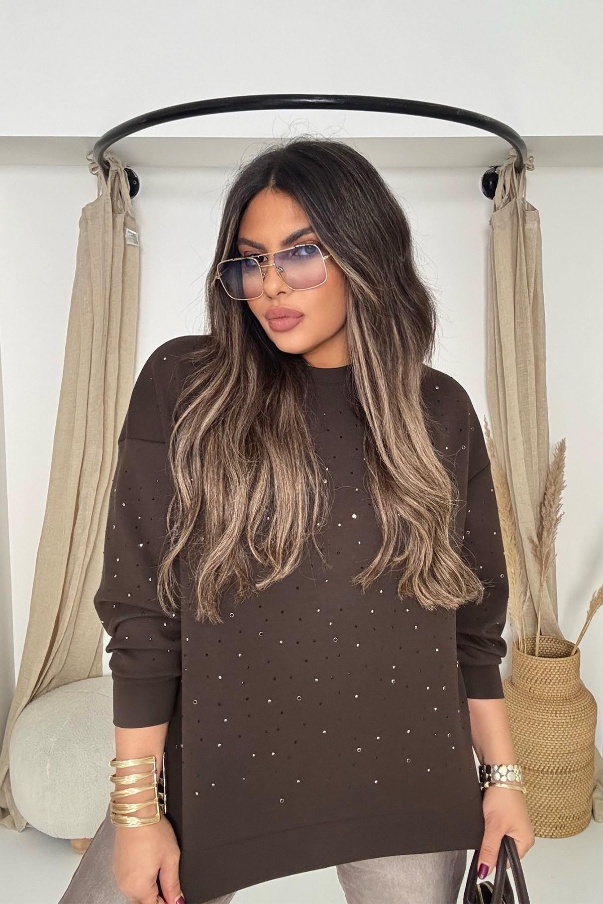 Marka Model Taşlı Modal Sweatshirt Acı Kahve