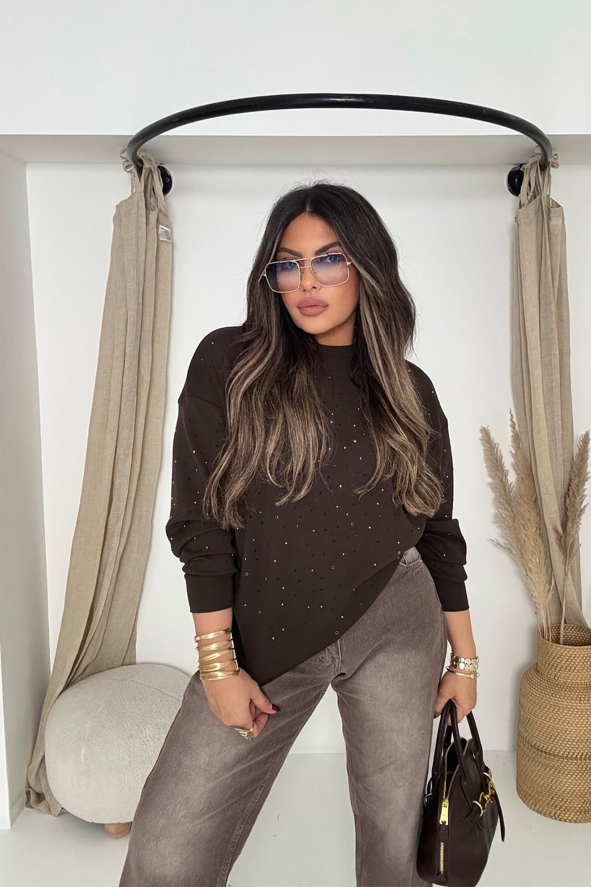 Marka Model Taşlı Modal Sweatshirt Acı Kahve