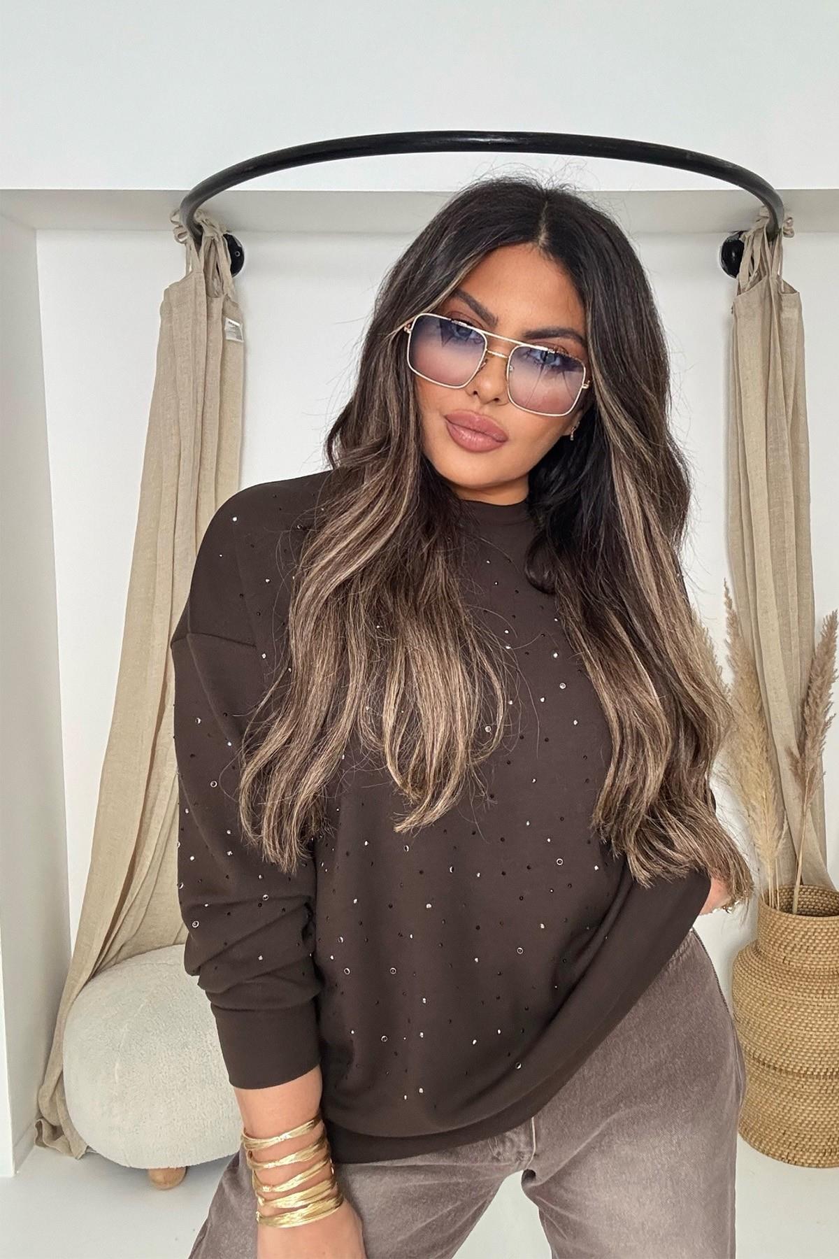 Marka Model Taşlı Modal Sweatshirt Acı Kahve